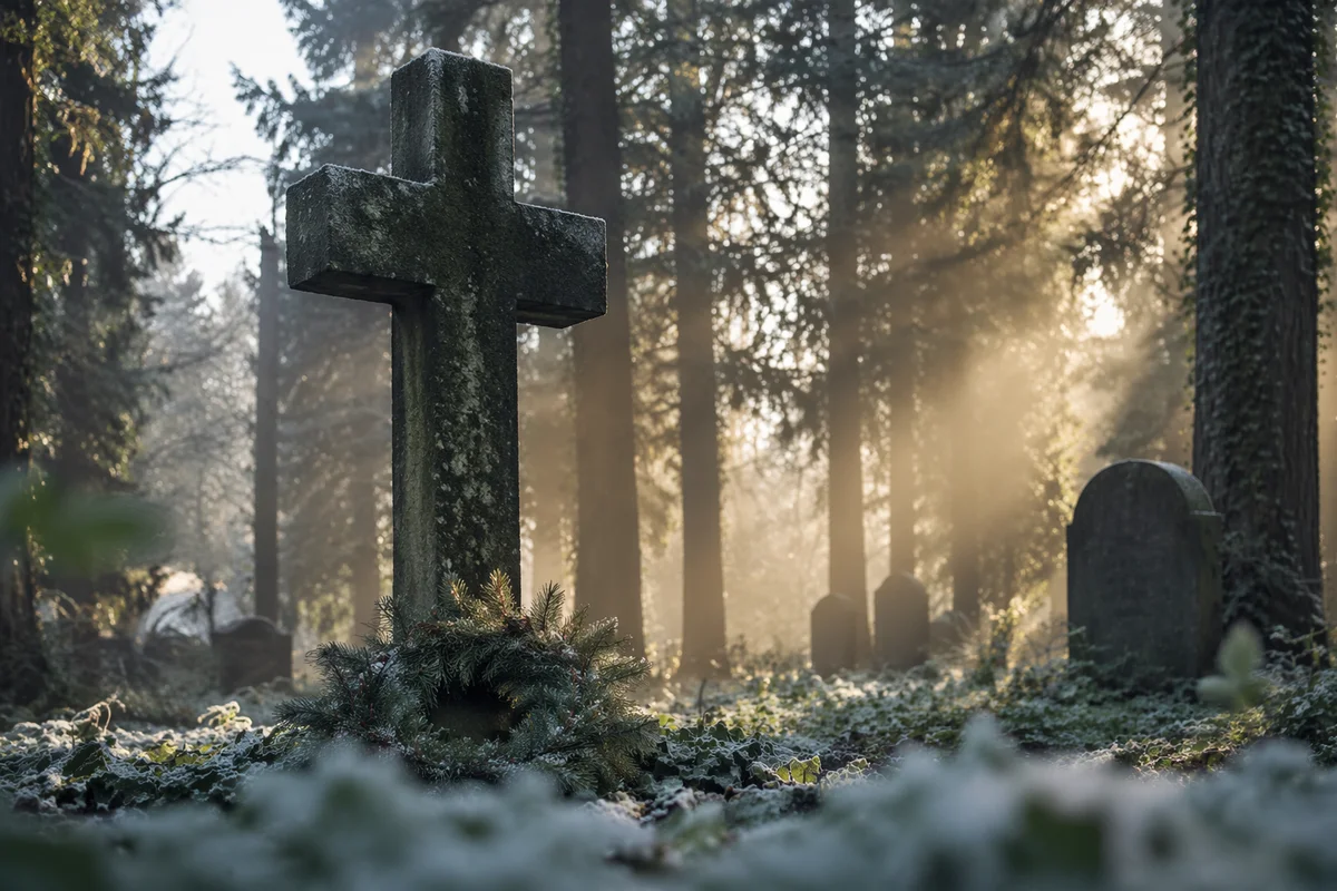 Weathered Stone Cross Among Evergreen Pines