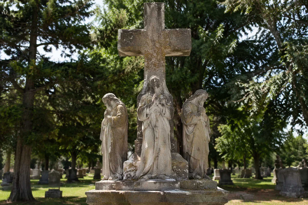 Weathered Stone Cross in Evergreen Cemetery