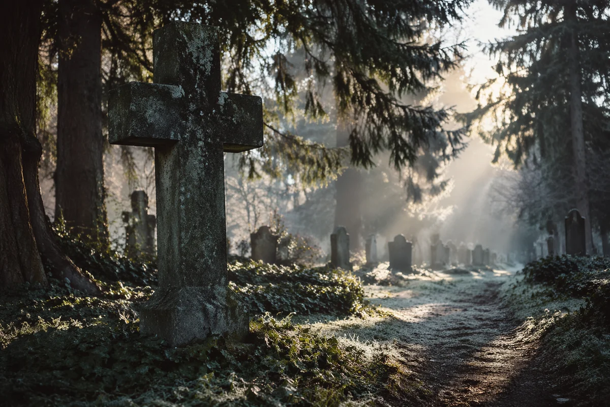 Weathered Stone Cross in Evergreen Cemetery