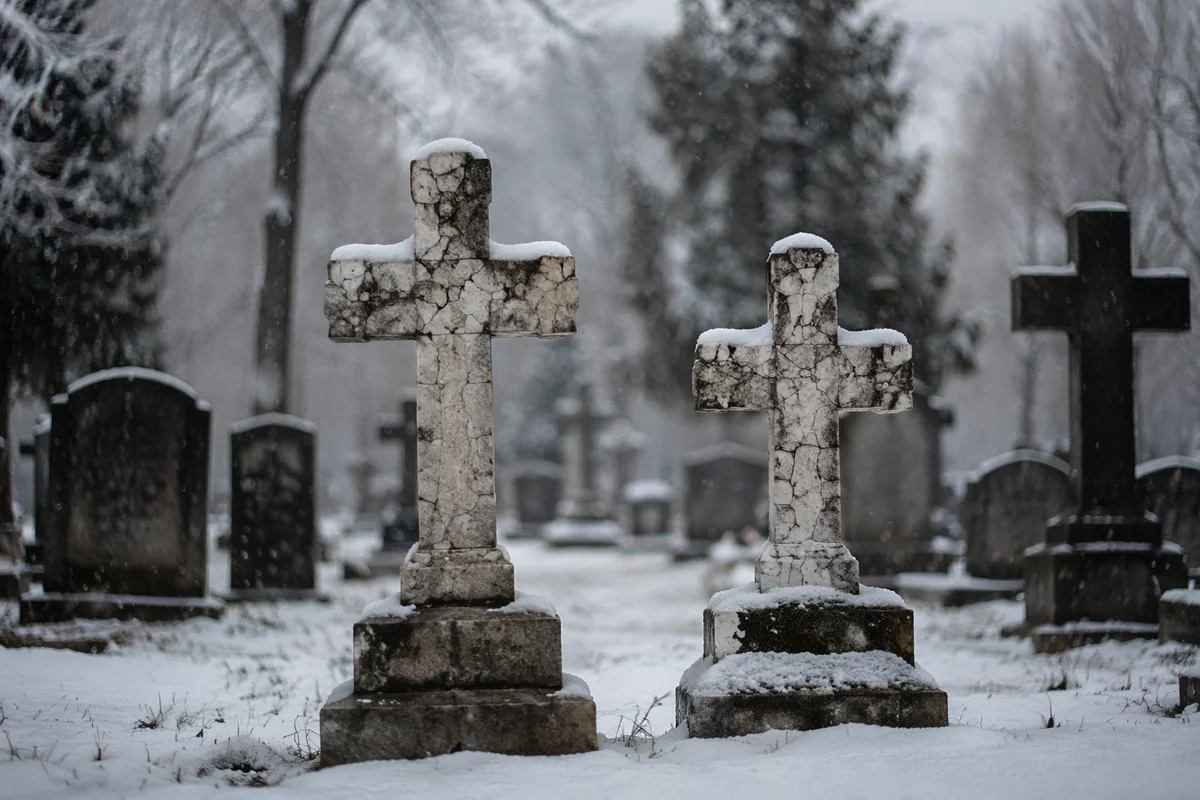 Snow-Dusted Stone Crosses in Old Cemetery