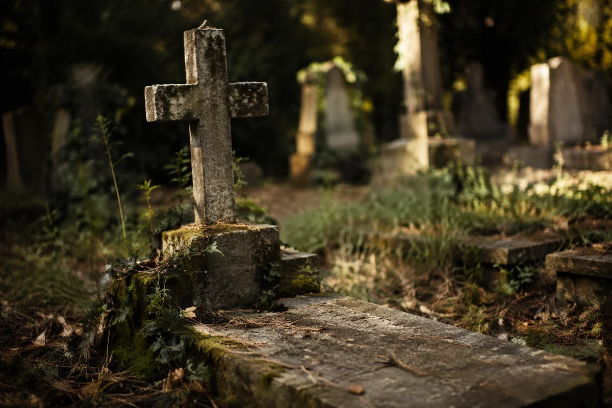 Weathered Stone Cross in Evergreen Cemetery