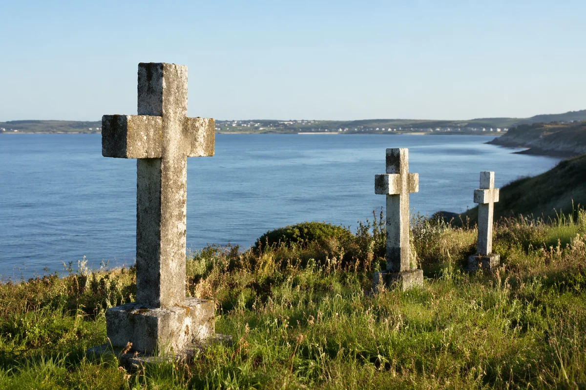 Weathered Stone Crosses by a Quiet Bay