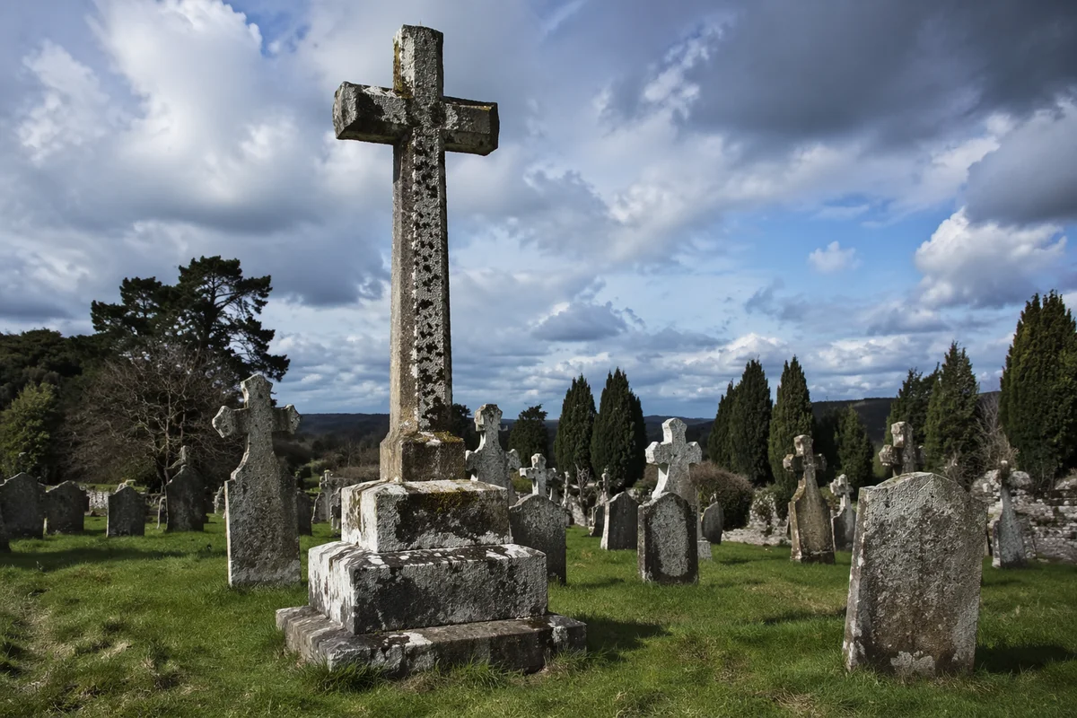 Weathered Stone Cross in Evergreen Cemetery