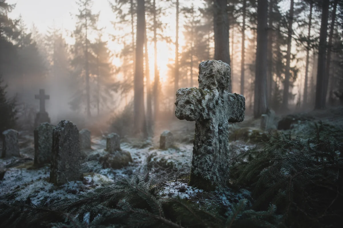 Weathered Stone Cross in Evergreen Cemetery
