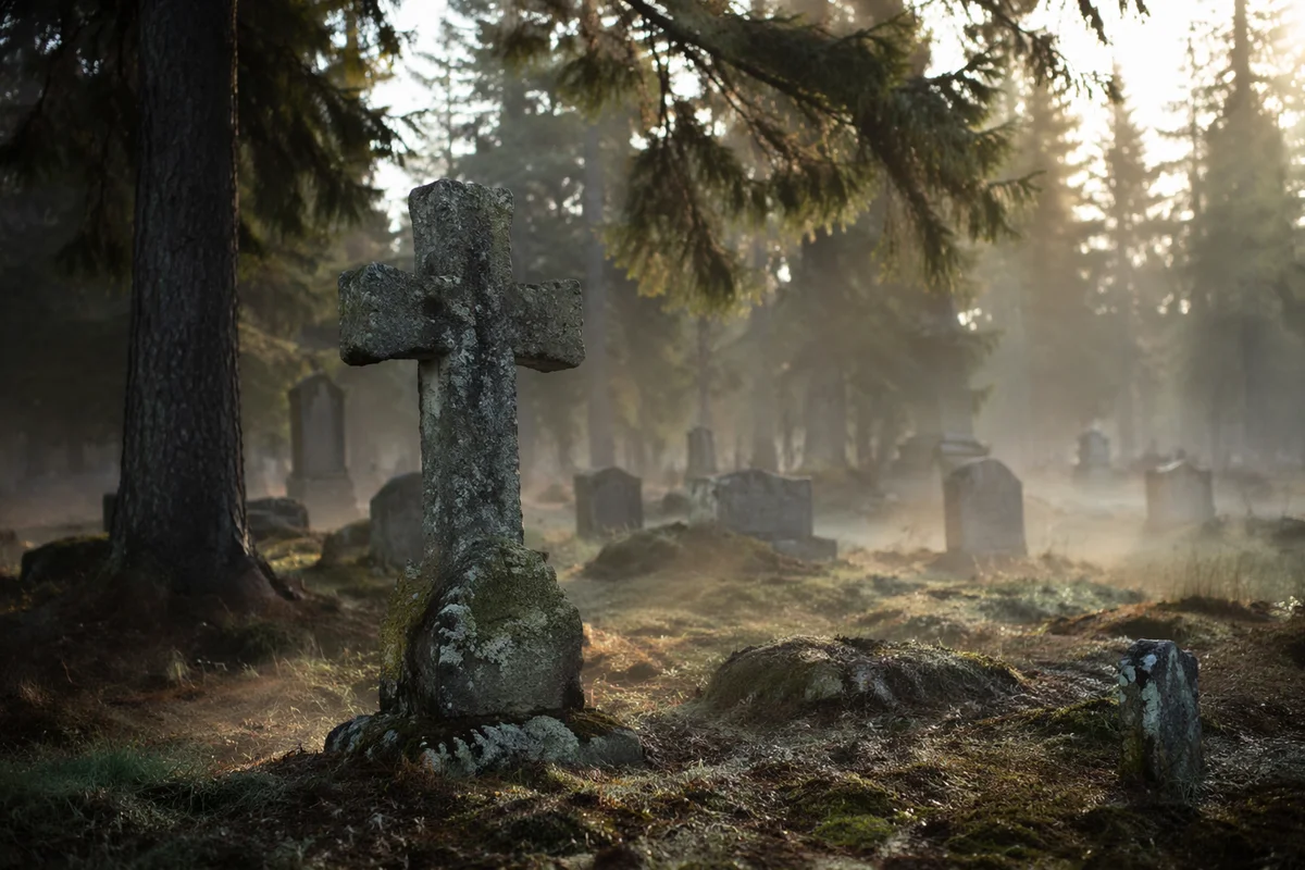 Weathered Stone Cross in Evergreen Cemetery