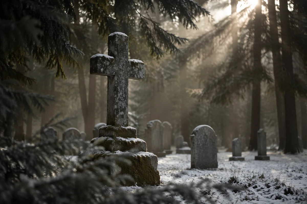 Weathered Stone Cross Beneath Evergreen Trees