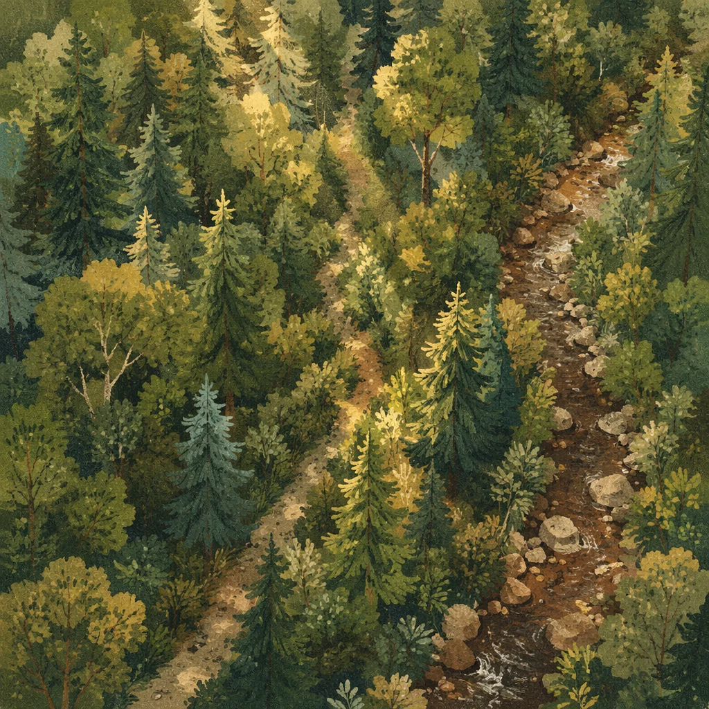 Sunlit Evergreen Forest Canopy and Stream