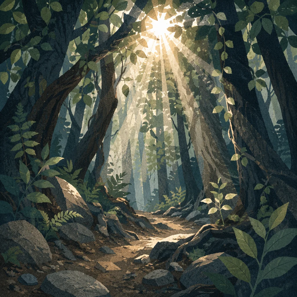 Sunlit Evergreen Forest Canopy Path