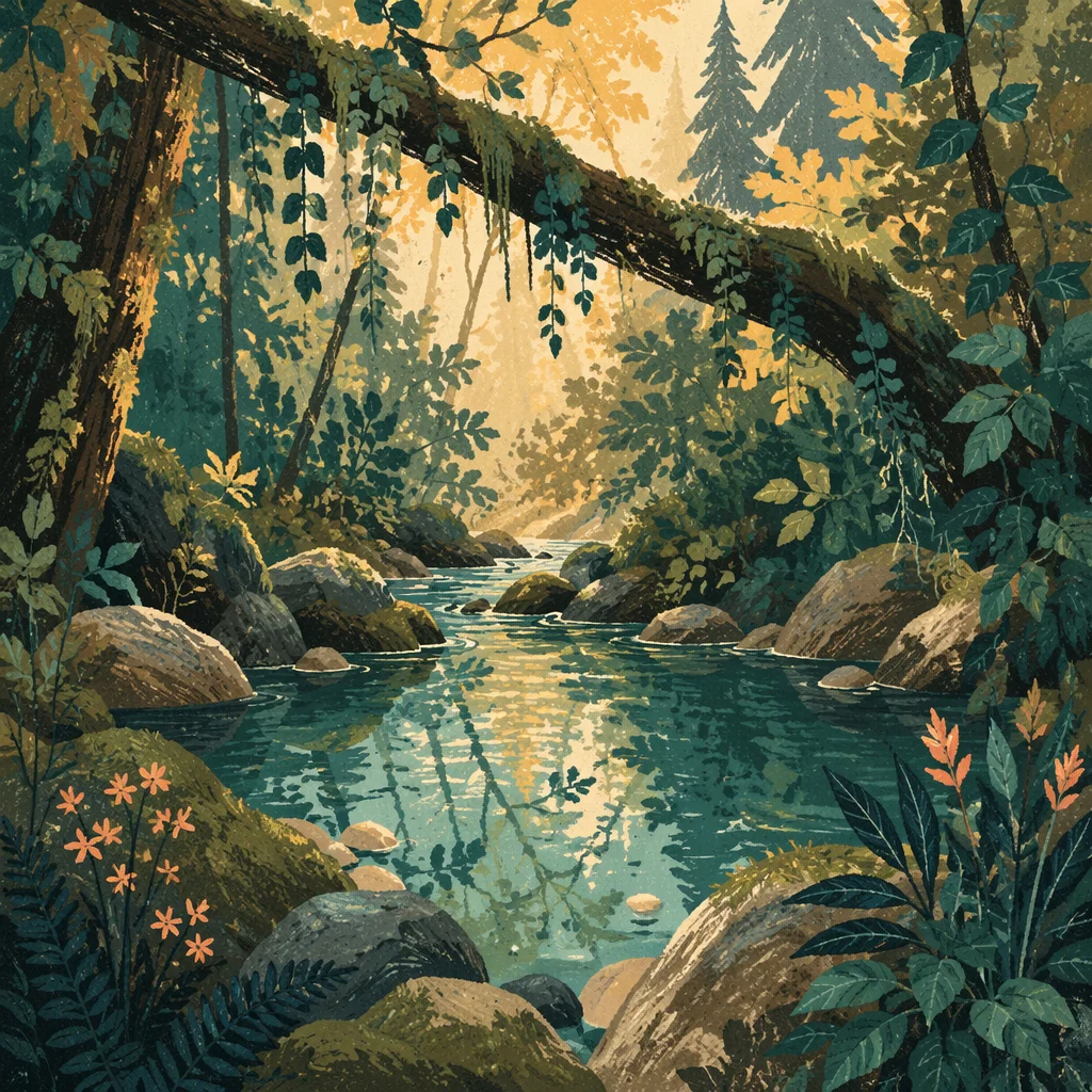 Sunlit Evergreen Forest Creek of Hope