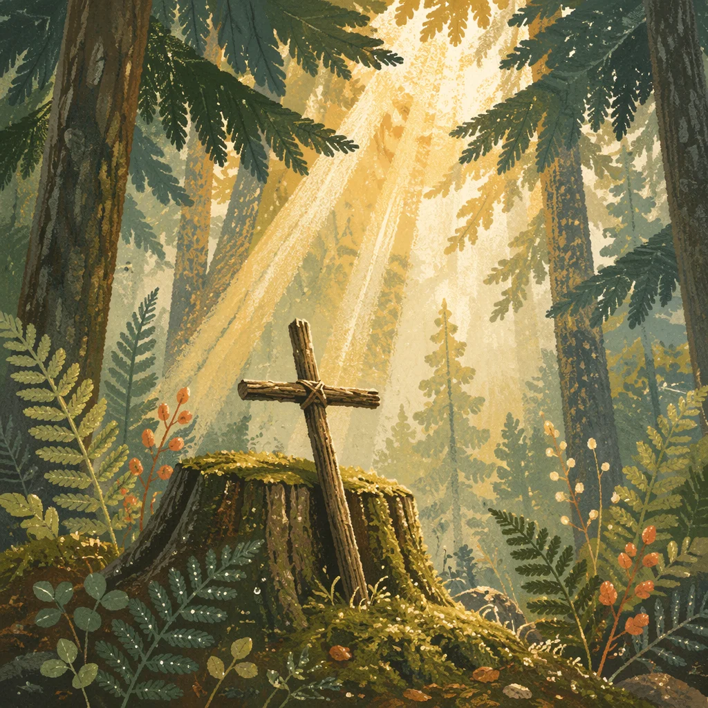 Sunlit Evergreen Forest Cross at Dawn