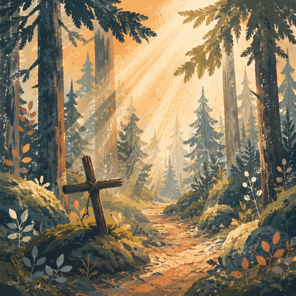 Golden Sunlight Over Evergreen Forest Cross