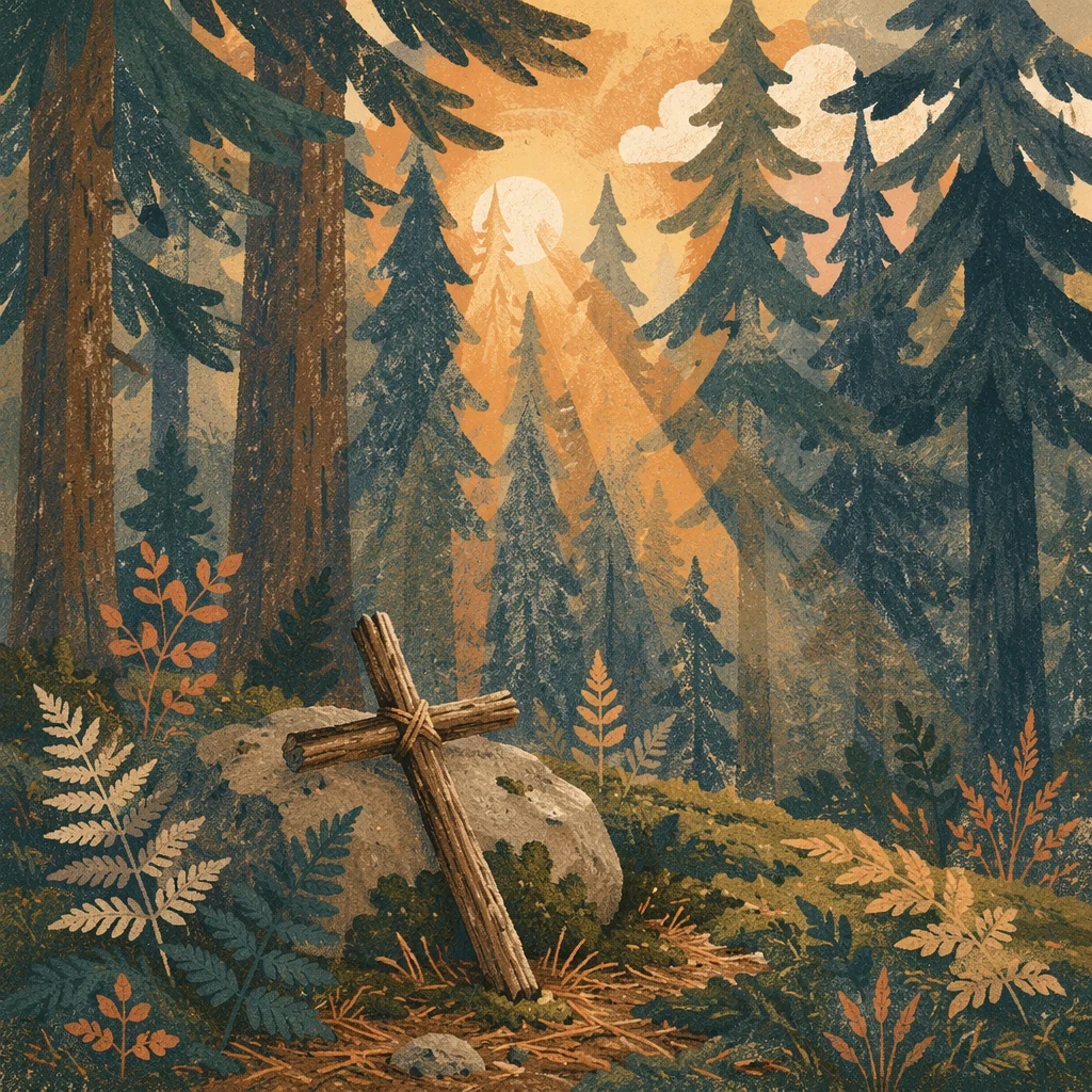 Sunlit Evergreen Forest Cross at Dawn
