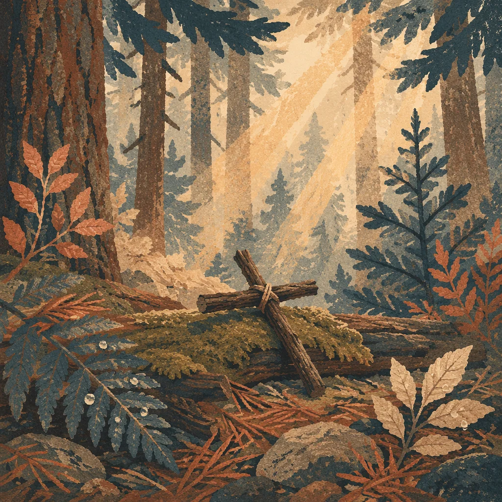 Morning Sunlight Over Evergreen Forest Cross