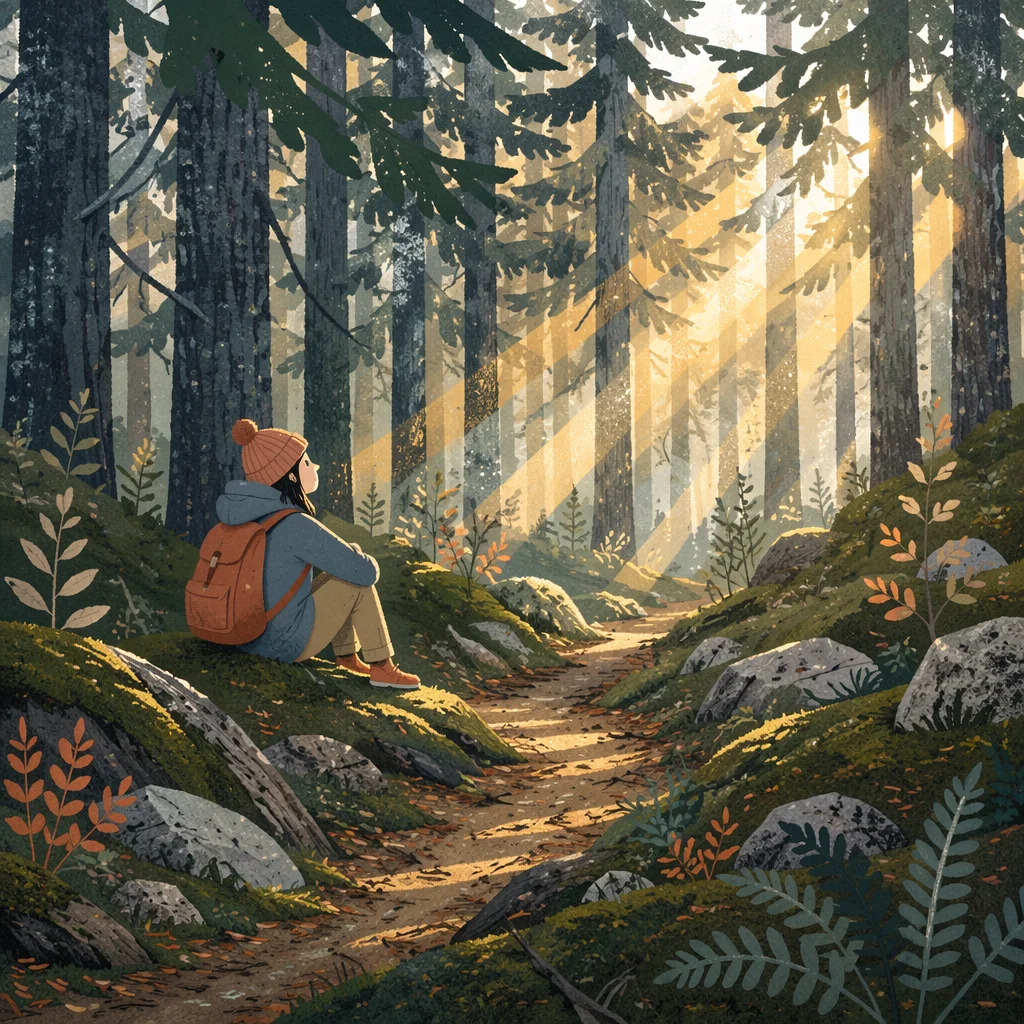 Golden Dawn Light in Evergreen Forest