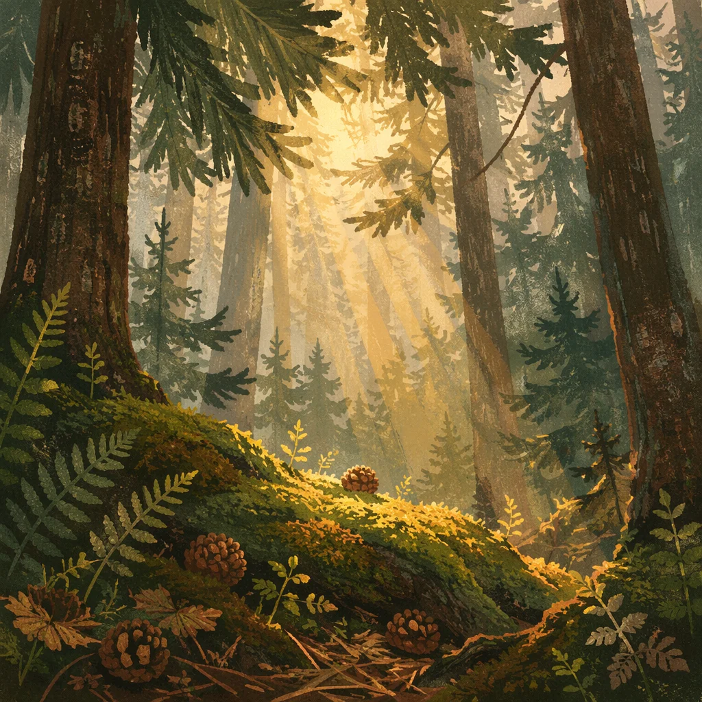 Golden Sunbeams in Evergreen Forest