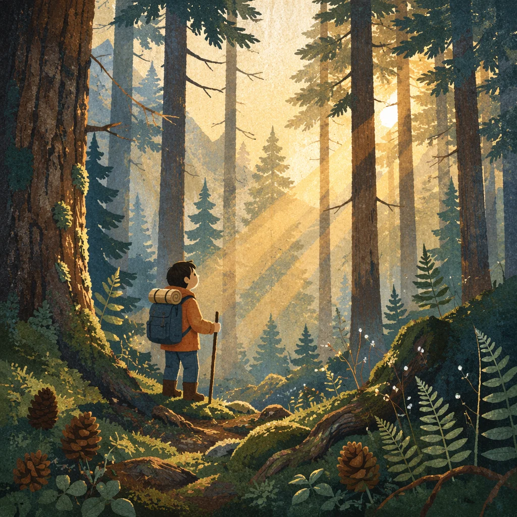Morning Sunbeams in Evergreen Forest Canopy