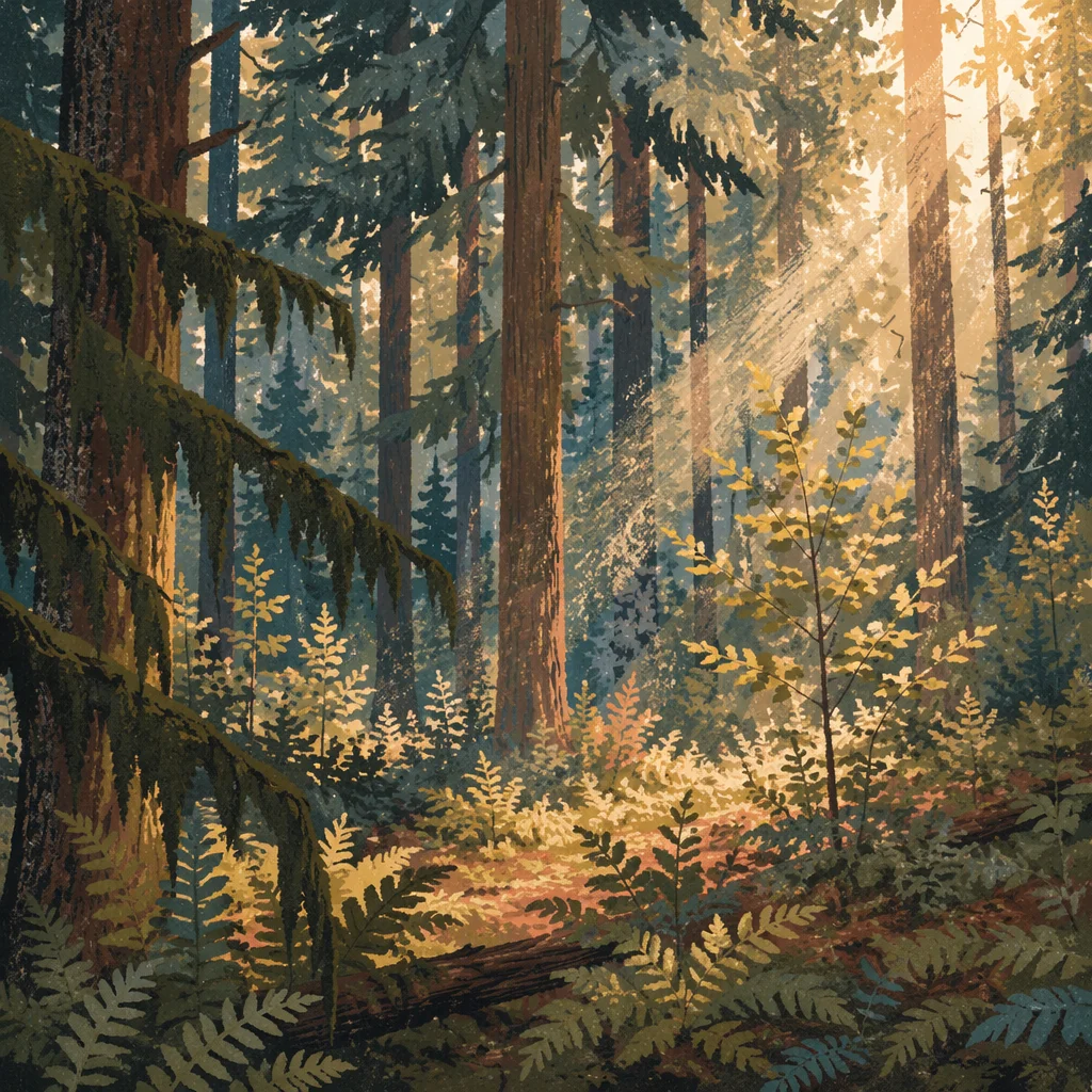Sunlight Through Evergreen Forest Canopy