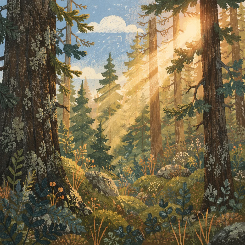 Sunlight Through Evergreen Forest Canopy