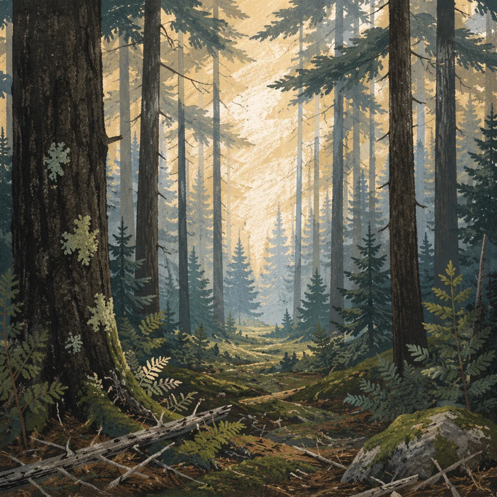 Sunlight Through Evergreen Forest Canopy