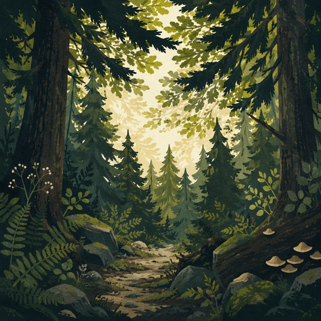 Sunlit Evergreen Forest Canopy Path