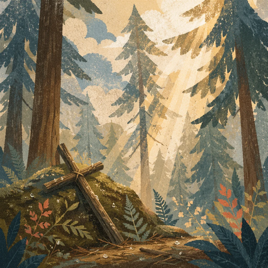 Sunlit Evergreen Forest Cross at Dawn