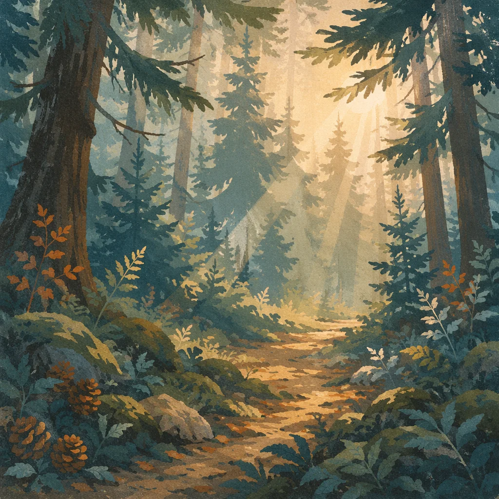 Sunlight Through Evergreen Forest Canopy
