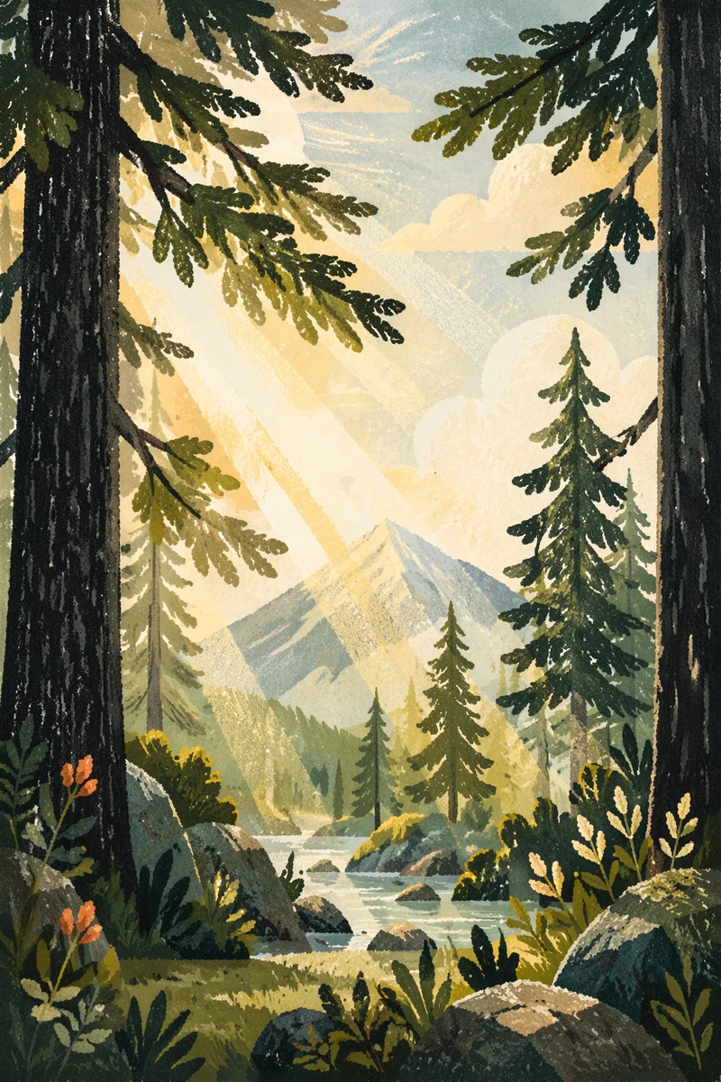 Morning Sunbeams Through Evergreen Forest Canopy