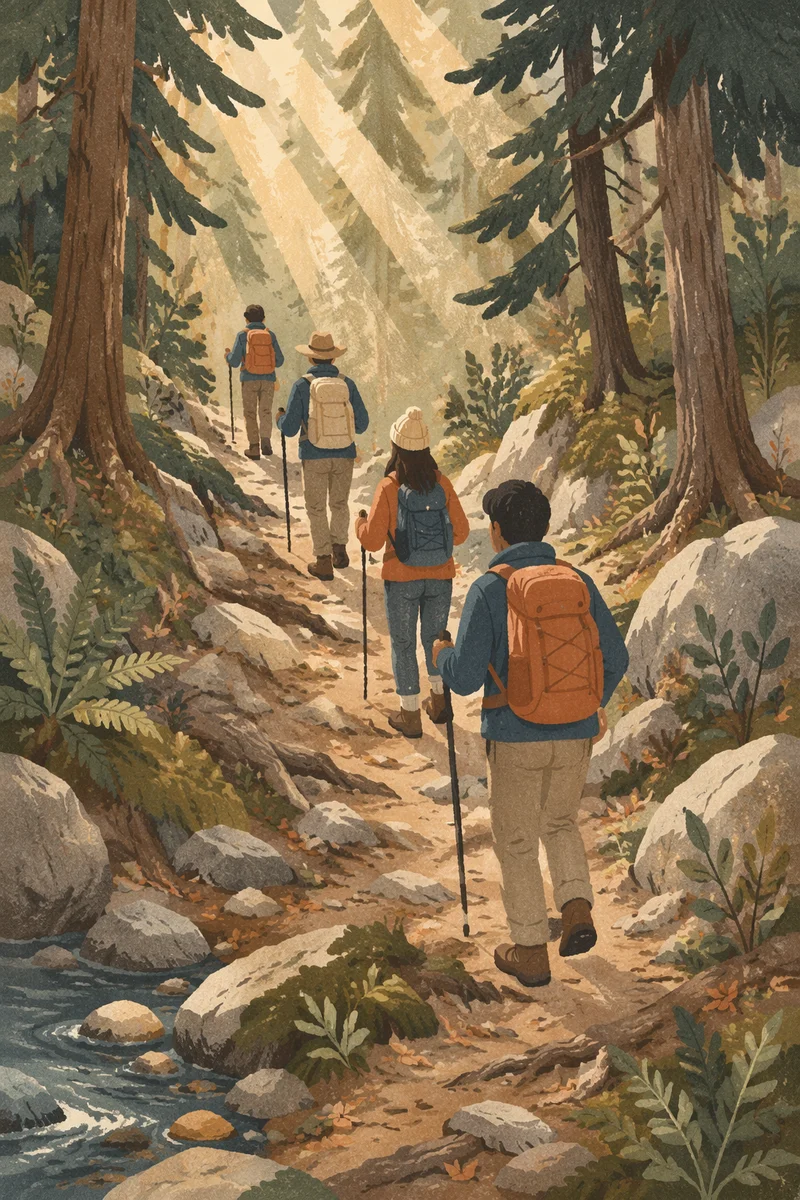 Sunlit Evergreen Trail with Pilgrim Hikers