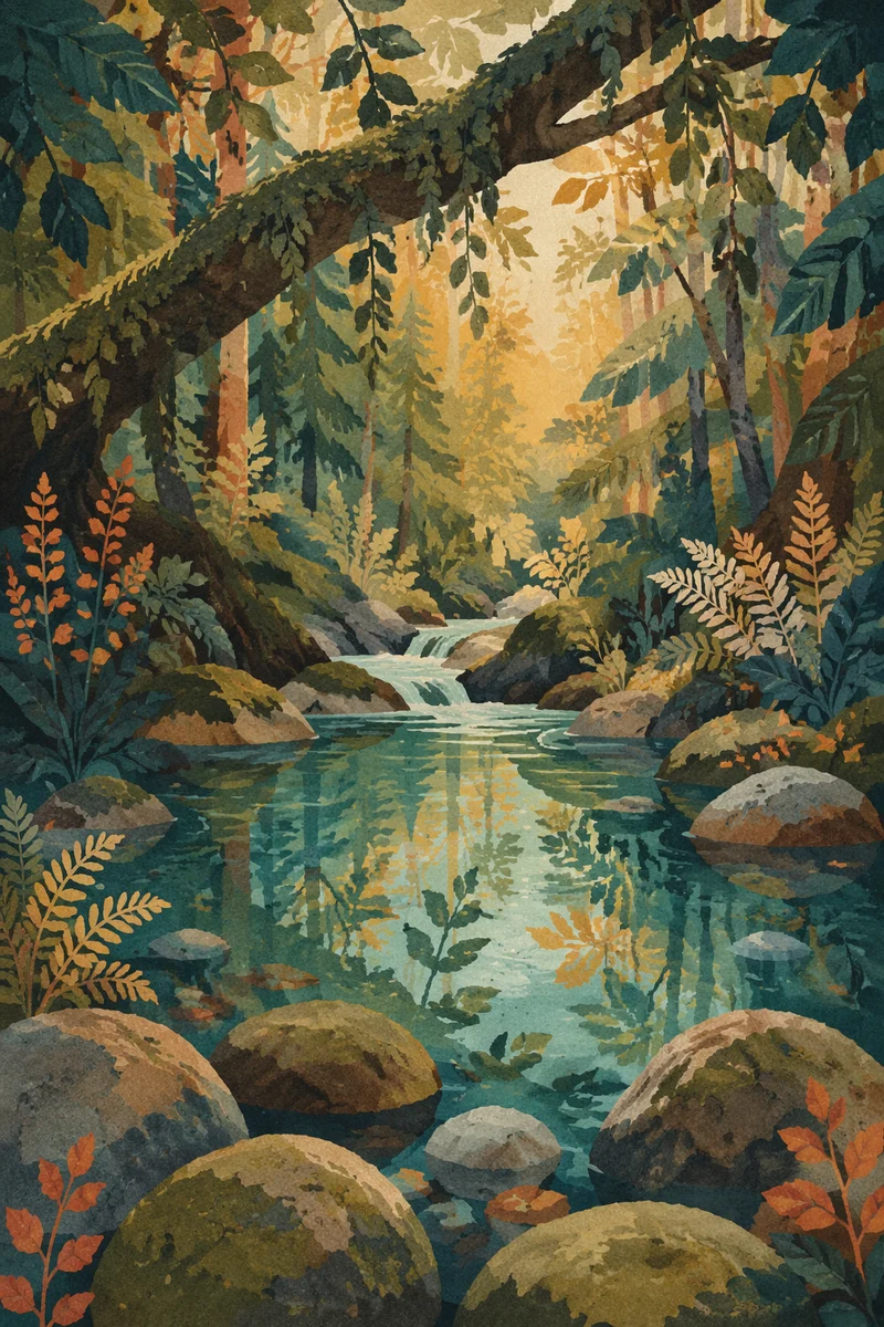 Sunlit Evergreen Forest Creek