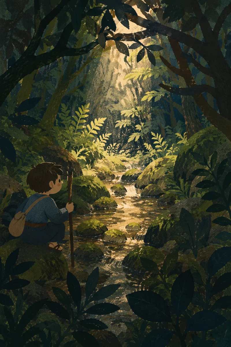 Sunlit Evergreen Forest Stream After Rain