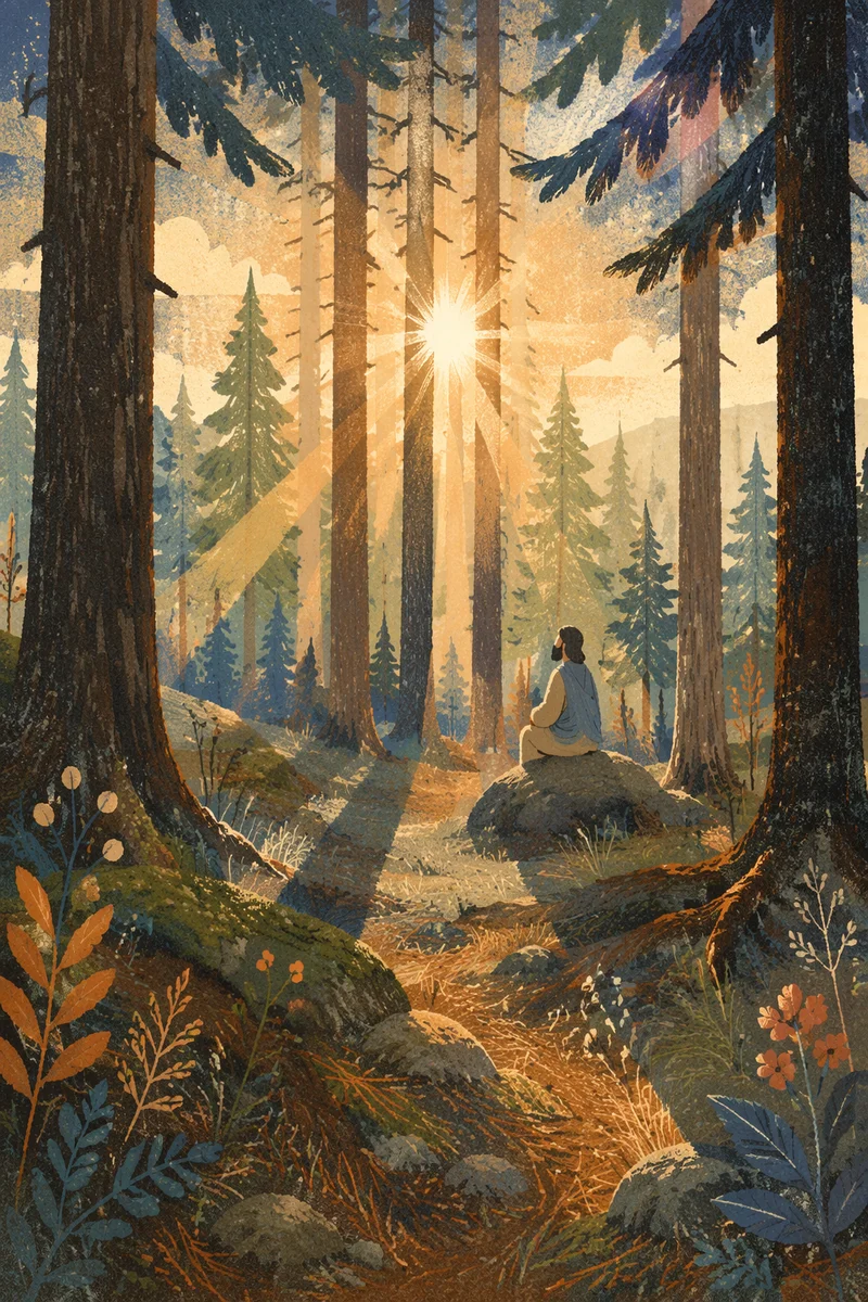 Golden Sunbeams Through Evergreen Forest Canopy