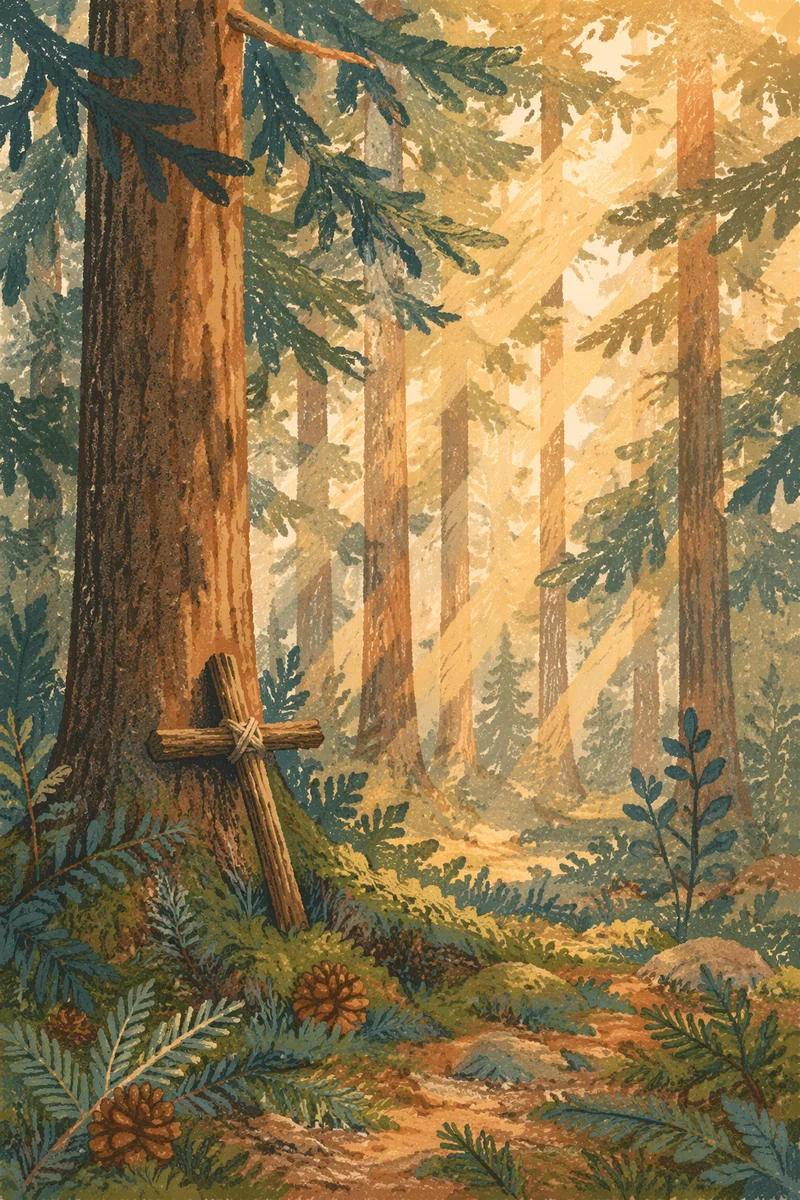 Sunlit Evergreen Forest Cross at Dawn