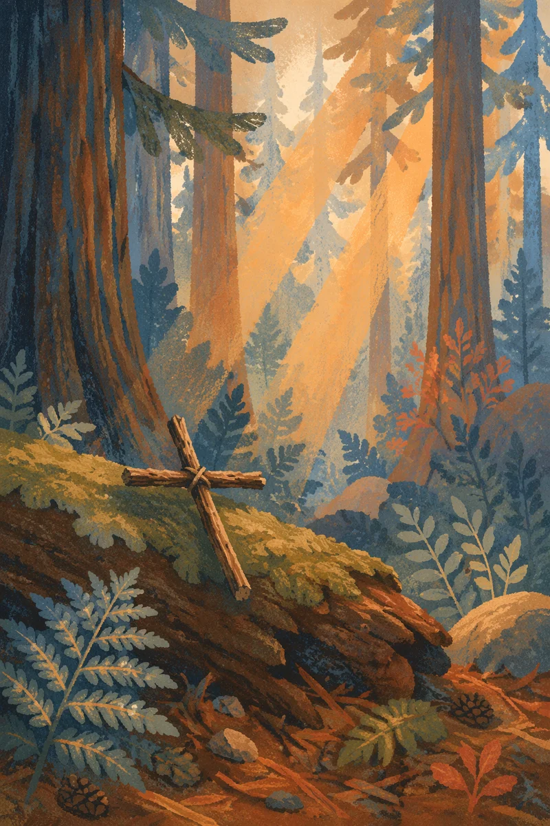Morning Sunlight Through Evergreen Forest Cross
