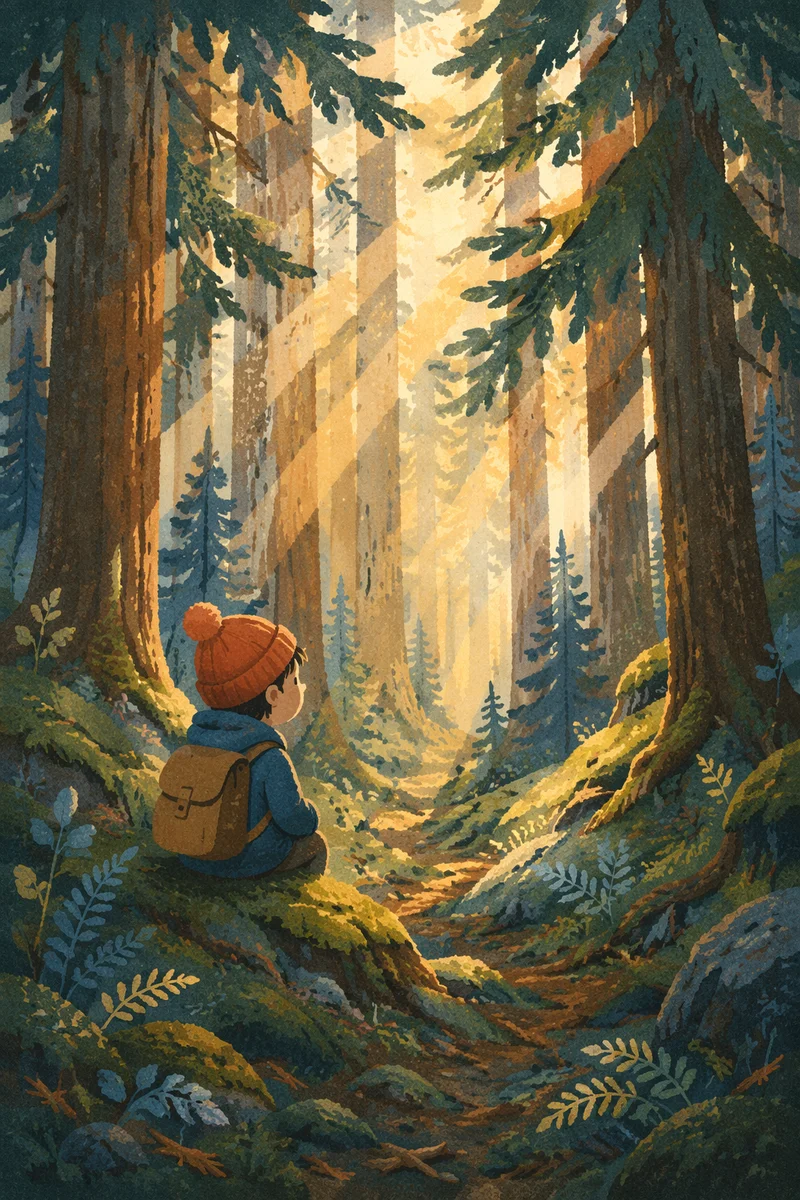 Golden Sunlight Through Evergreen Forest Canopy