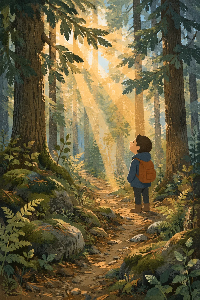 Golden Dawn Sunbeams in Evergreen Forest