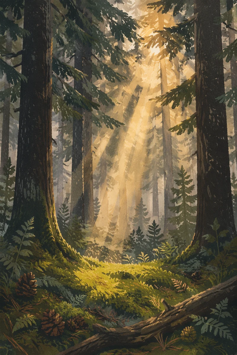 Golden Sunbeams in Misty Evergreen Forest