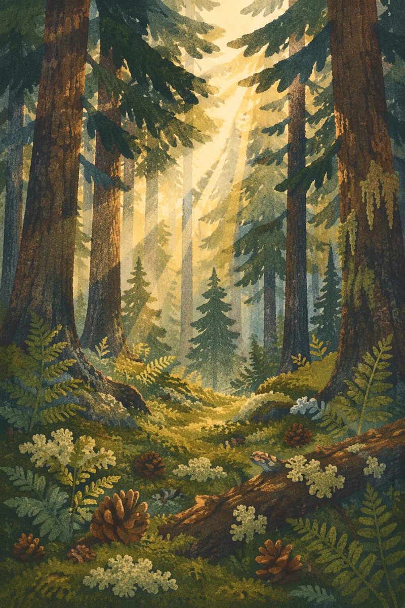 Sunlight Through Evergreen Forest Canopy