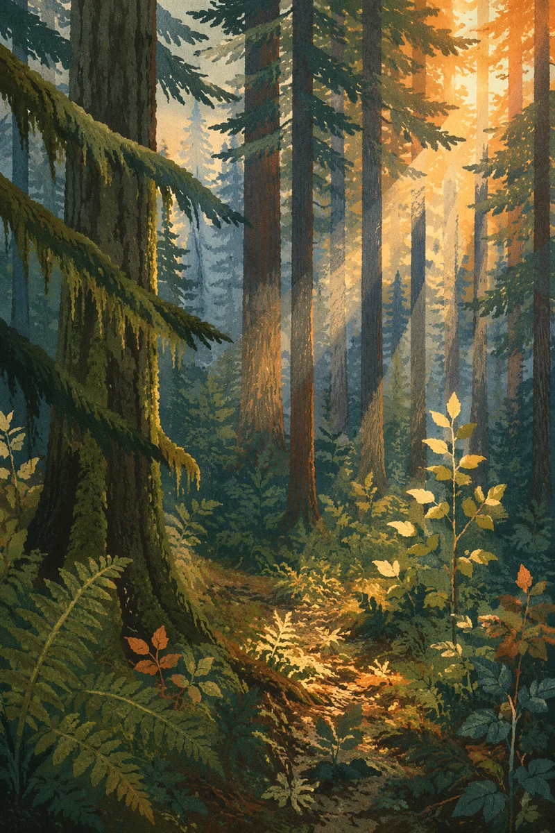 Sunlight Through Evergreen Forest Canopy