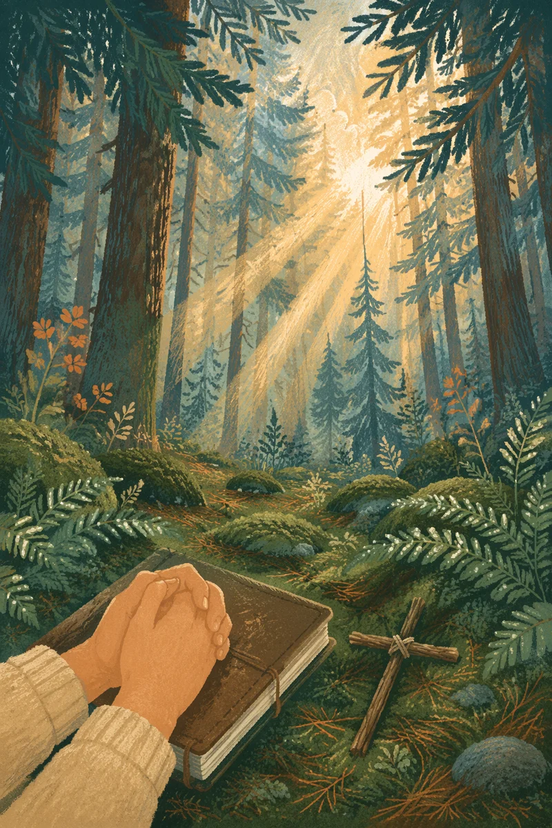 Prayerful Morning Light in Evergreen Forest