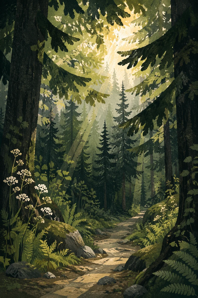 Sunlit Evergreen Canopy Over Woodland Path