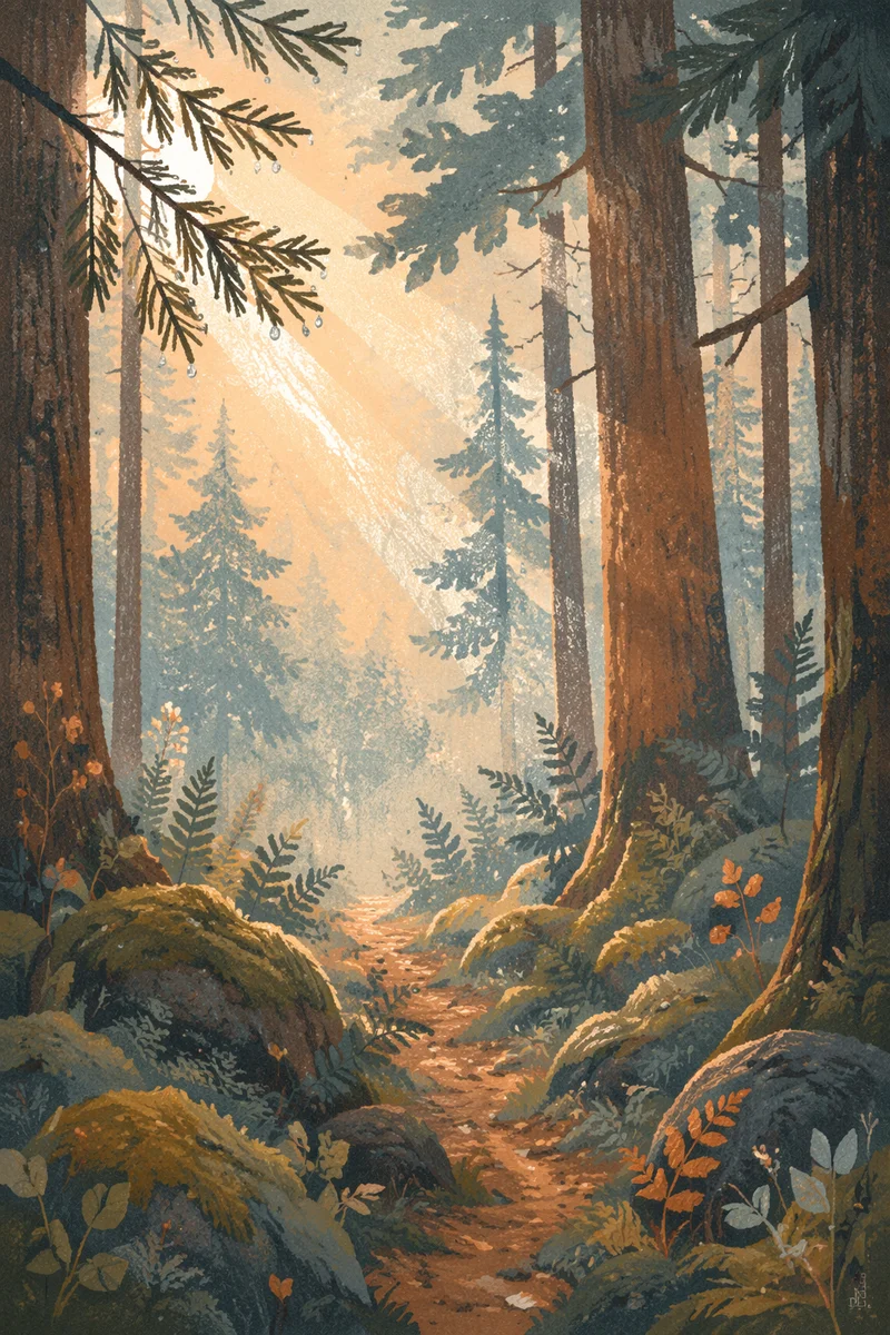Golden Sunlight Through Evergreen Forest Canopy