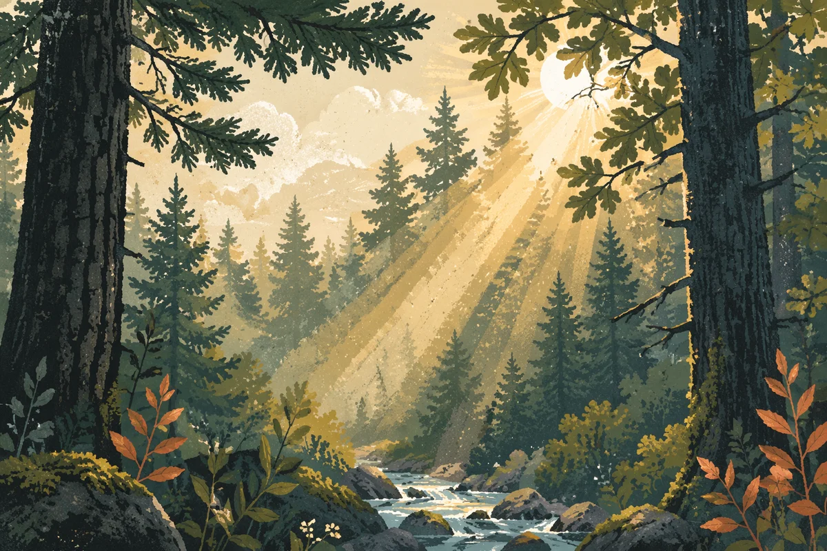 Morning Sunbeams Through Evergreen Forest Canopy