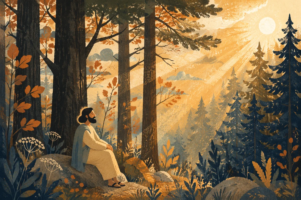 Golden Sunlight Through Evergreen Forest Canopy
