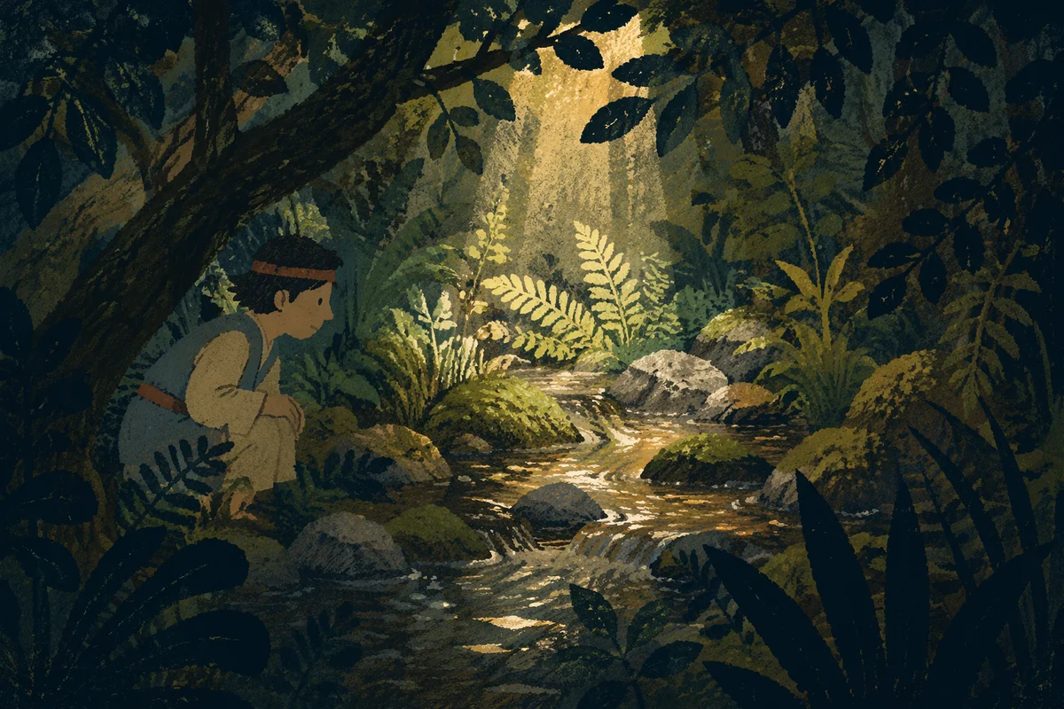 Sunlit Evergreen Stream in Quiet Forest