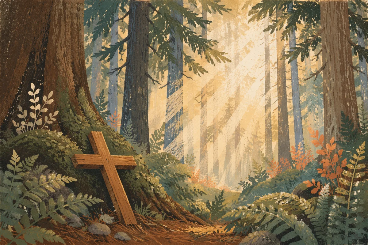 Sunlit Evergreen Forest Cross at Dawn