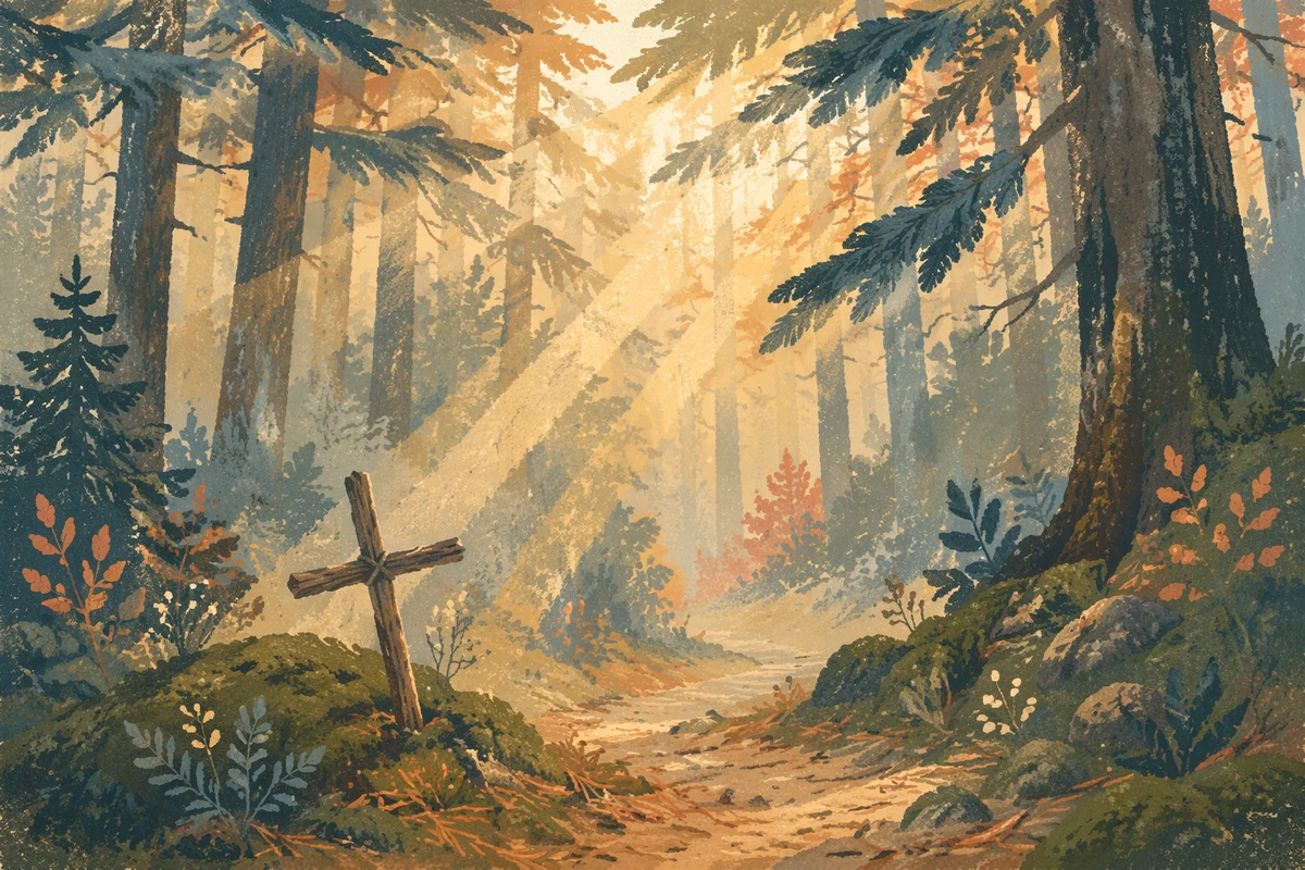 Golden Sunlight Over Forest Prayer Cross