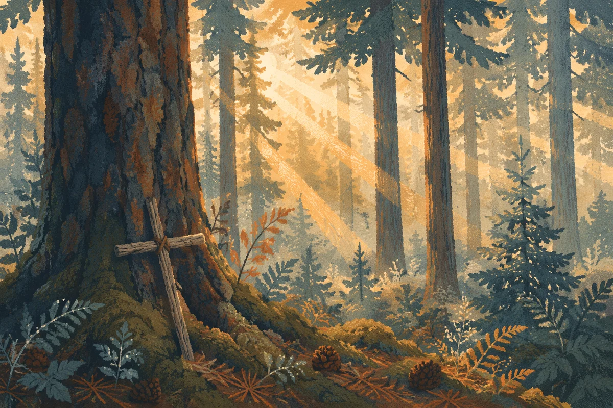 Morning Sunlight Through Evergreen Forest Cross