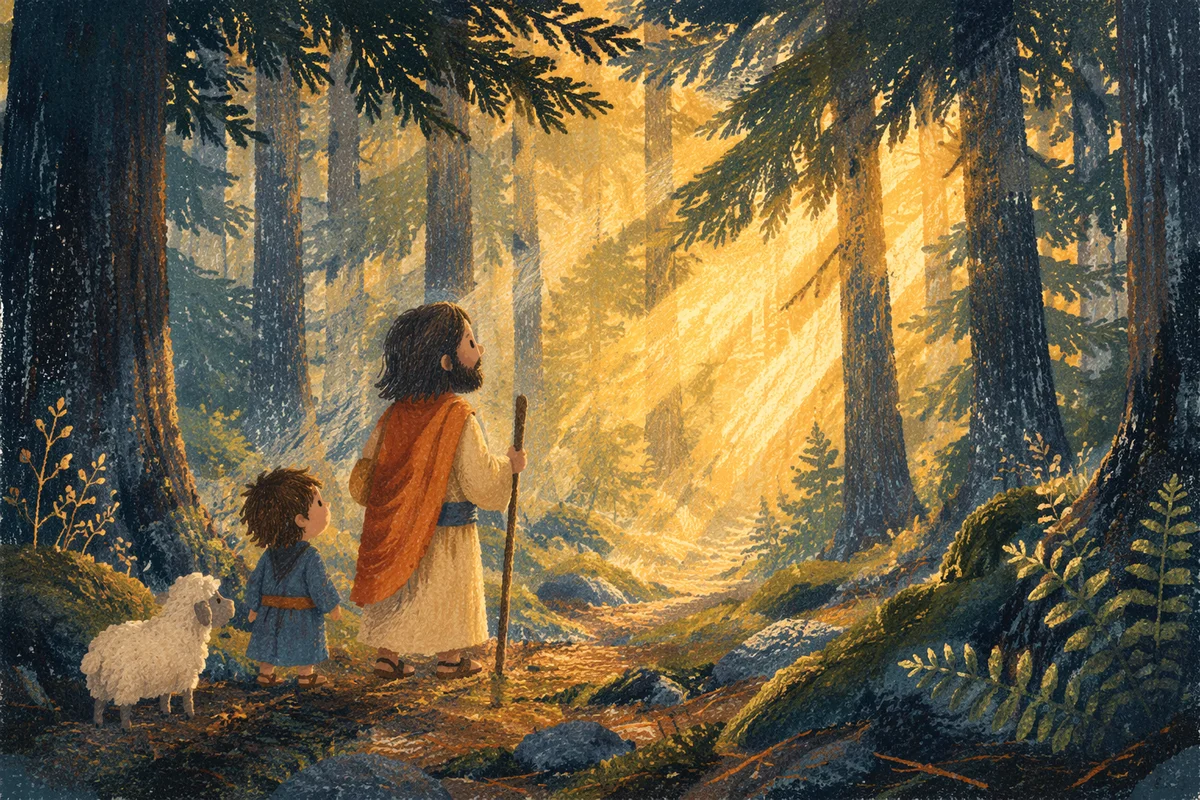 Golden Sunlight Through Evergreen Forest Canopy