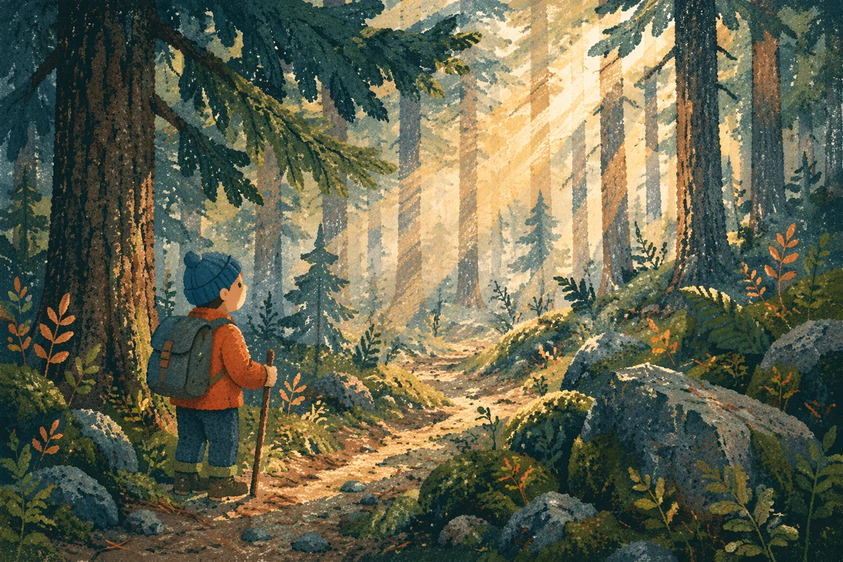 Golden Sunlight Through Evergreen Forest Canopy