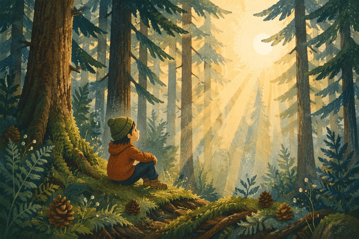Sunlight Through Evergreen Forest Canopy